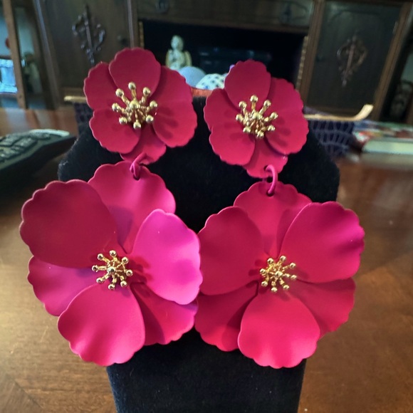 Rose Pinkish Red, Double Flower Dangle, Gold Center, Boho, Vacation Earrings - Picture 6 of 8